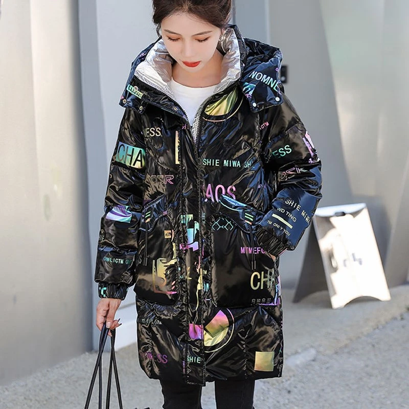 

Winter Fashion Women's Warm Coat New Bright Fabric Thick Jacket Women's Mid Length Cotton Padded Coat Women's Parkas