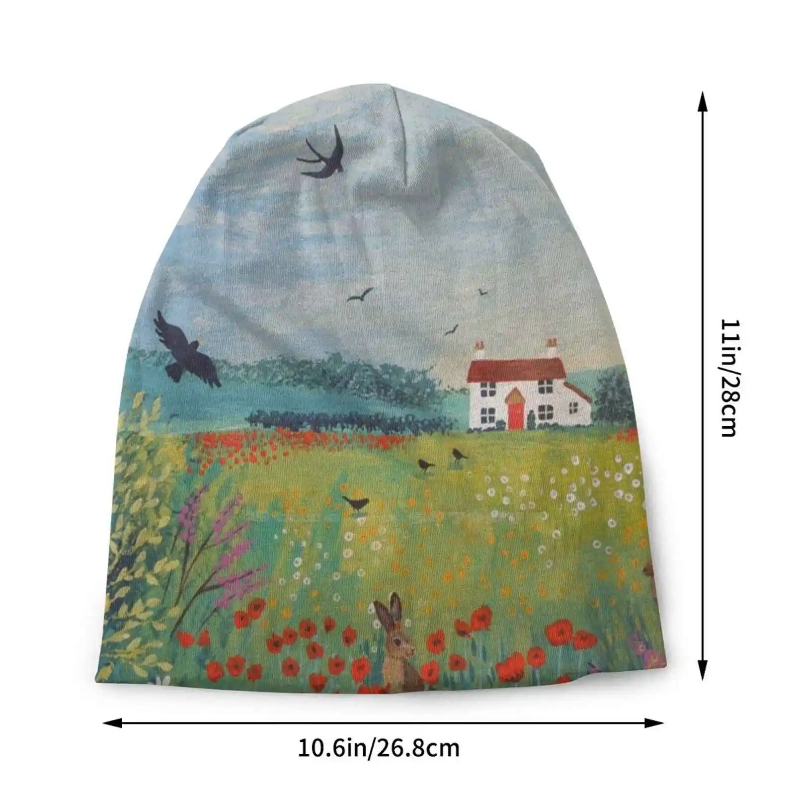 The House By Summer Meadow Knitted Hat Warm Beanie Outdoor Caps Landscapes England Hares Birds Meadows Cottages Jo Grundy