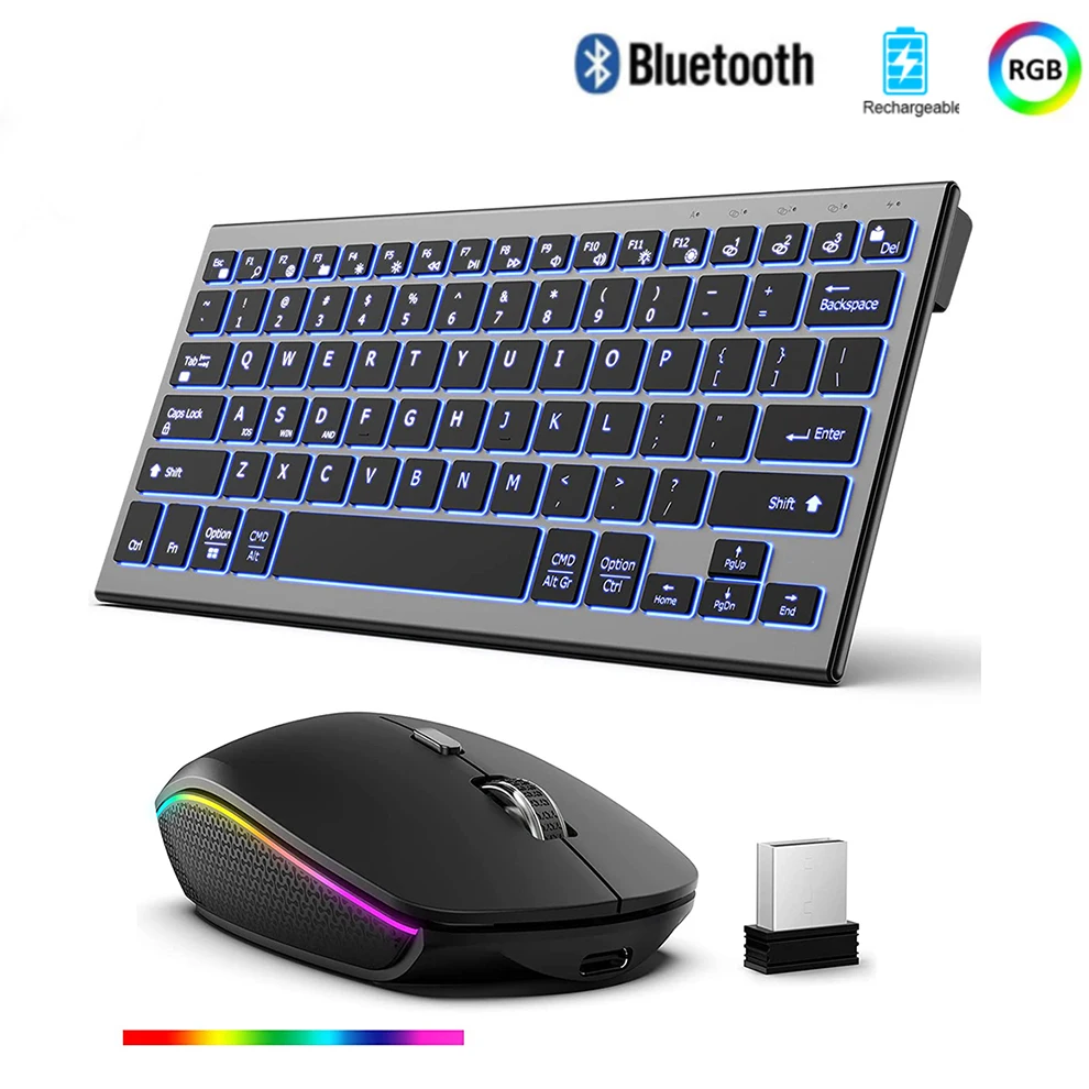 Wireless Keyboard Mouse Combo Backlit Wireless Keyboard and Mouse Multi-Device 2.4G USB Rechargeable Bluetooth Keyboard