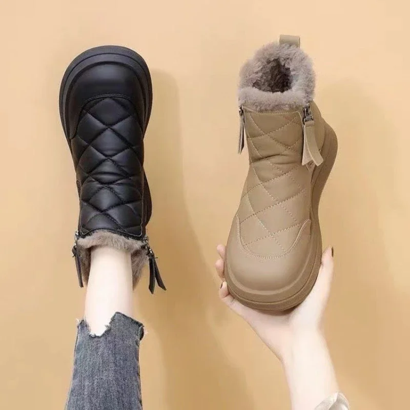 Winter Snow Boots for Women Padded Thickened Solid Colour Cotton Shoes Waterproof Non-slip Side Zip Soft Sole Warm Short Boots