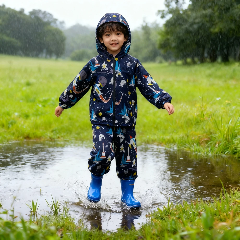 Autumn Winter Fleece Inside Rainwear Sets For Children Cartoon Print Raincoat Boys And Girls Thickened Warm Waterproof Clothing