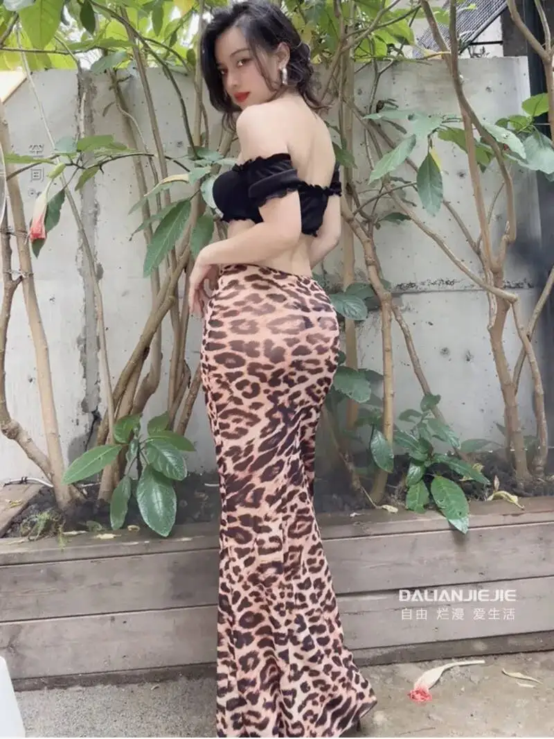 Fashion Sweet Long Skirts Transparent Long Skirt Women Summer Mature Leopard Pattern Floor Mopping Fishtail Hot Sexy V7RH