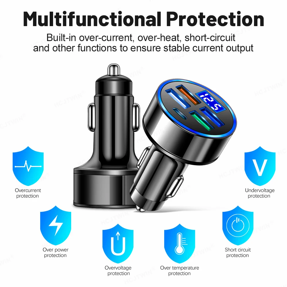 5 Ports 250W Type-C QC3.0 Car Charger Cigarette Lighter PD Fast Charging Phone Charger Adapter in Car for Xiaomi iPhone Samsung