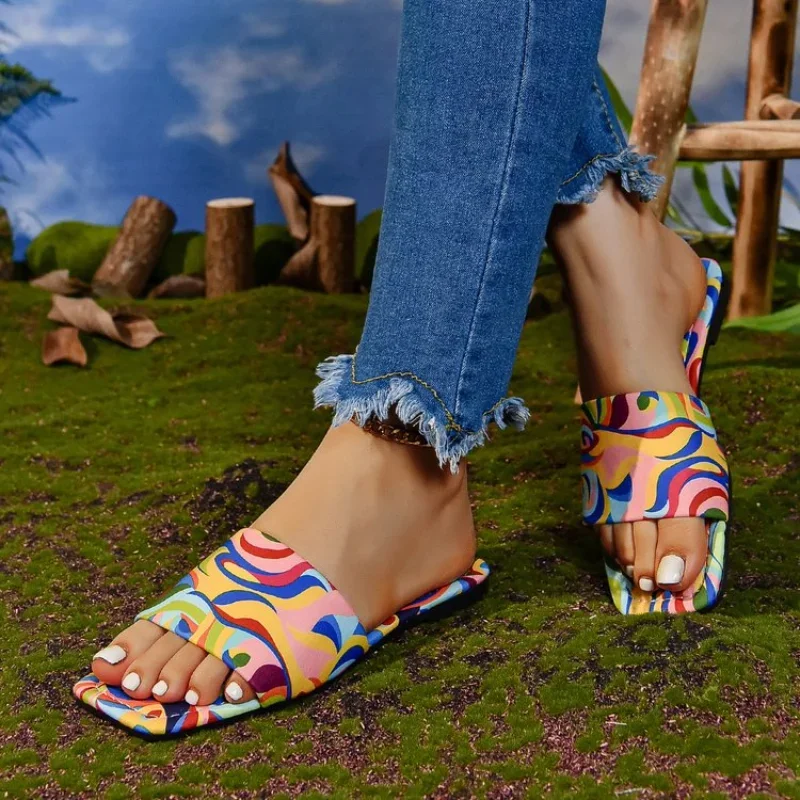 Women Print Flower Color Slippers Flats Flip Flops Summer Beach Dress Sandals Designer New Casual Slides Zapatillas Mujer