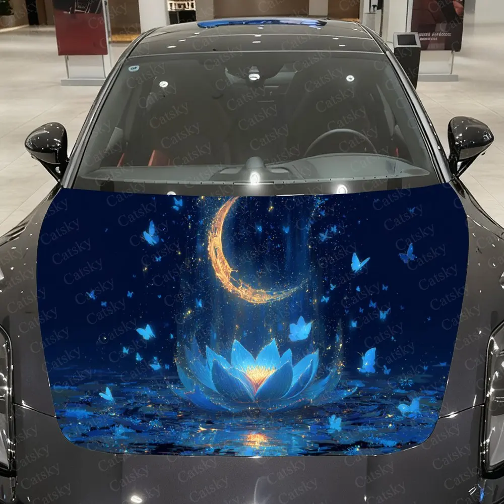 Mystic Moon Blue Lotus Glow Car Vinyl Wrap, PVC Waterproof Car Hood Sticker, Self-Adhesive Scratch-Resistant Stickers