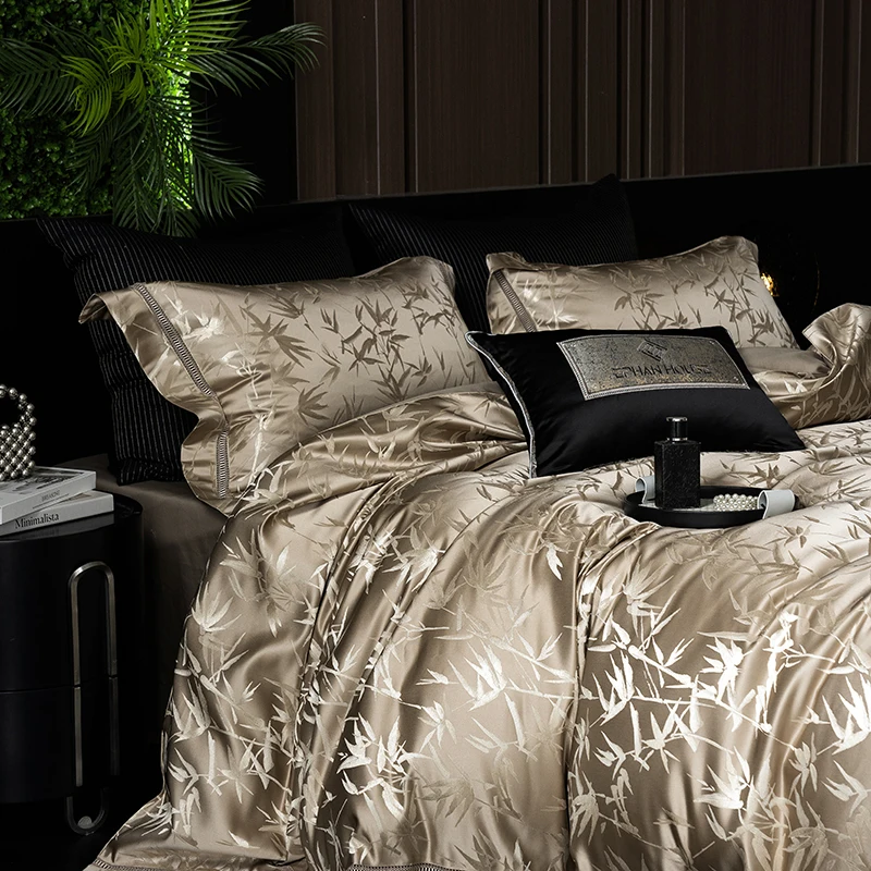 

4Pcs Luxury Brocade Bamboo Jacquard Egyptian Cotton Soft Silky Bedding Set Duvet Cover Set Bed Sheet/Fitted Sheet Pillowcases