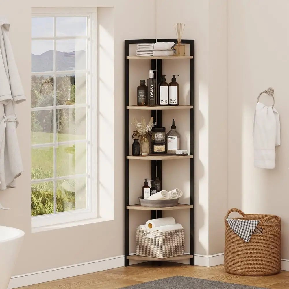 رف زاوية خشبي ومعدني على الطراز الصناعي - لمسة نهائية من خشب البلوط الريفي لعرض غرفة المعيشة والمكتب المنزلي #5