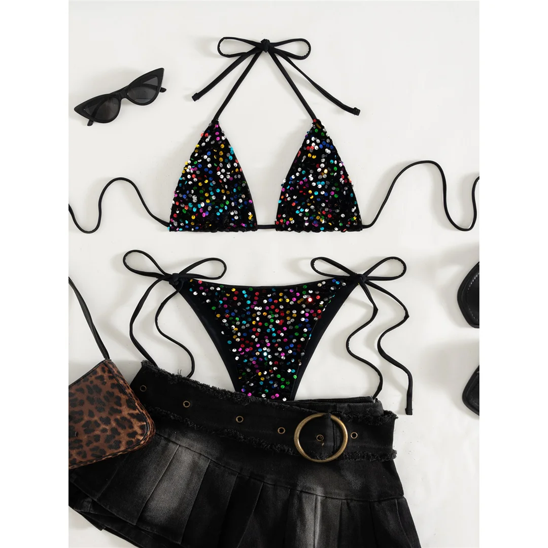 Pailletten-Bikini mit Neckholder, Damen-Badebekleidung, zweiteiliges Bikini-Set, mit Trägern, hoch geschnitten, Badeanzug, Badebekleidung, Modell V8326. – Detail 14