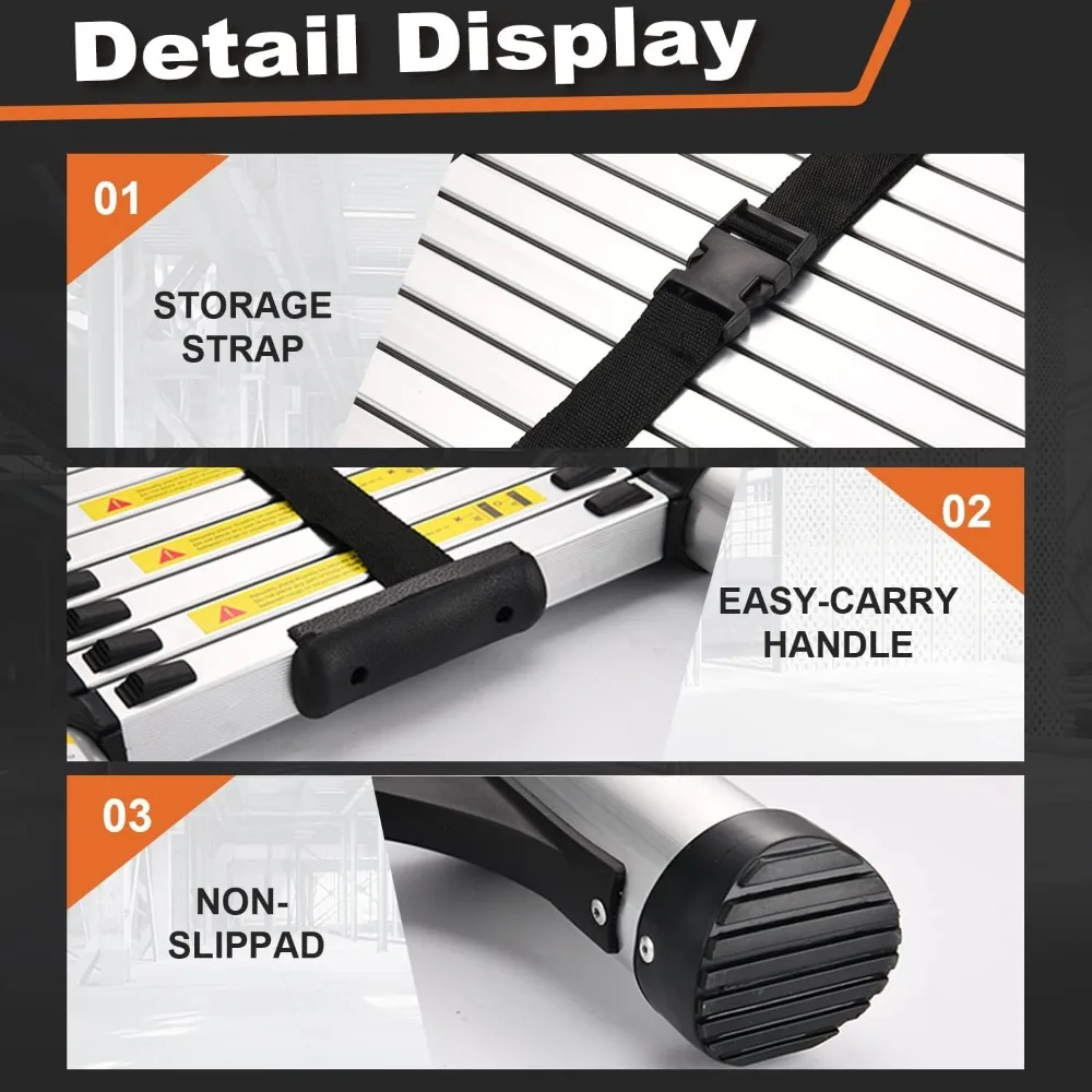 Escalera de extensión liviana de aluminio de 12,5 pies con 2 estabilizadores, capacidad resistente de 330 libras, diseño telescópico para seguridad y C