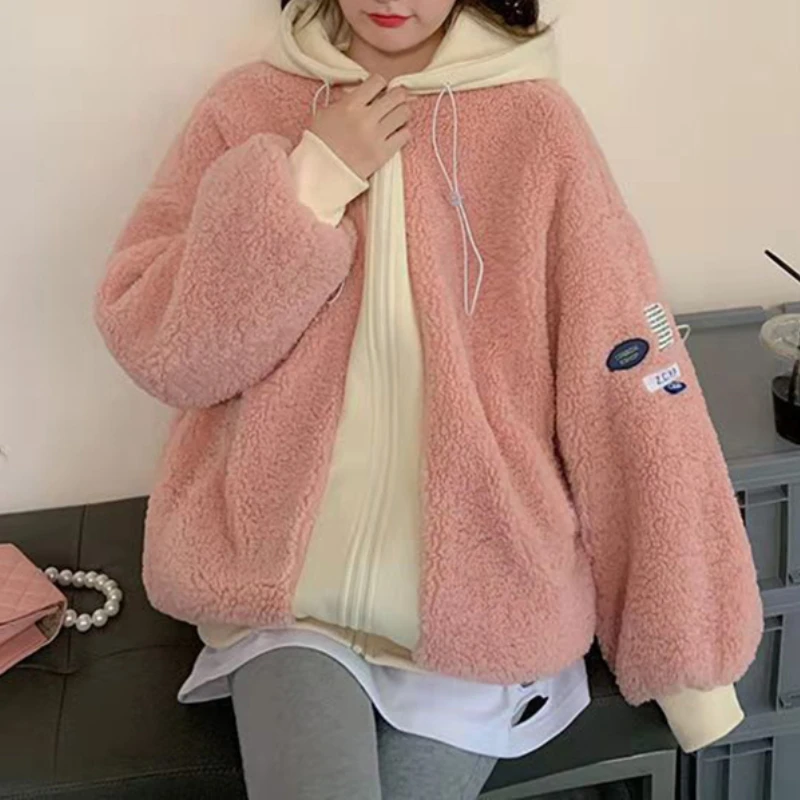 Cappotto da donna in lana di agnello con cerniera rosa cappotto allentato in peluche caldo in due pezzi finto 2024 inverno addensare top Casual con cappuccio cappotti femminili