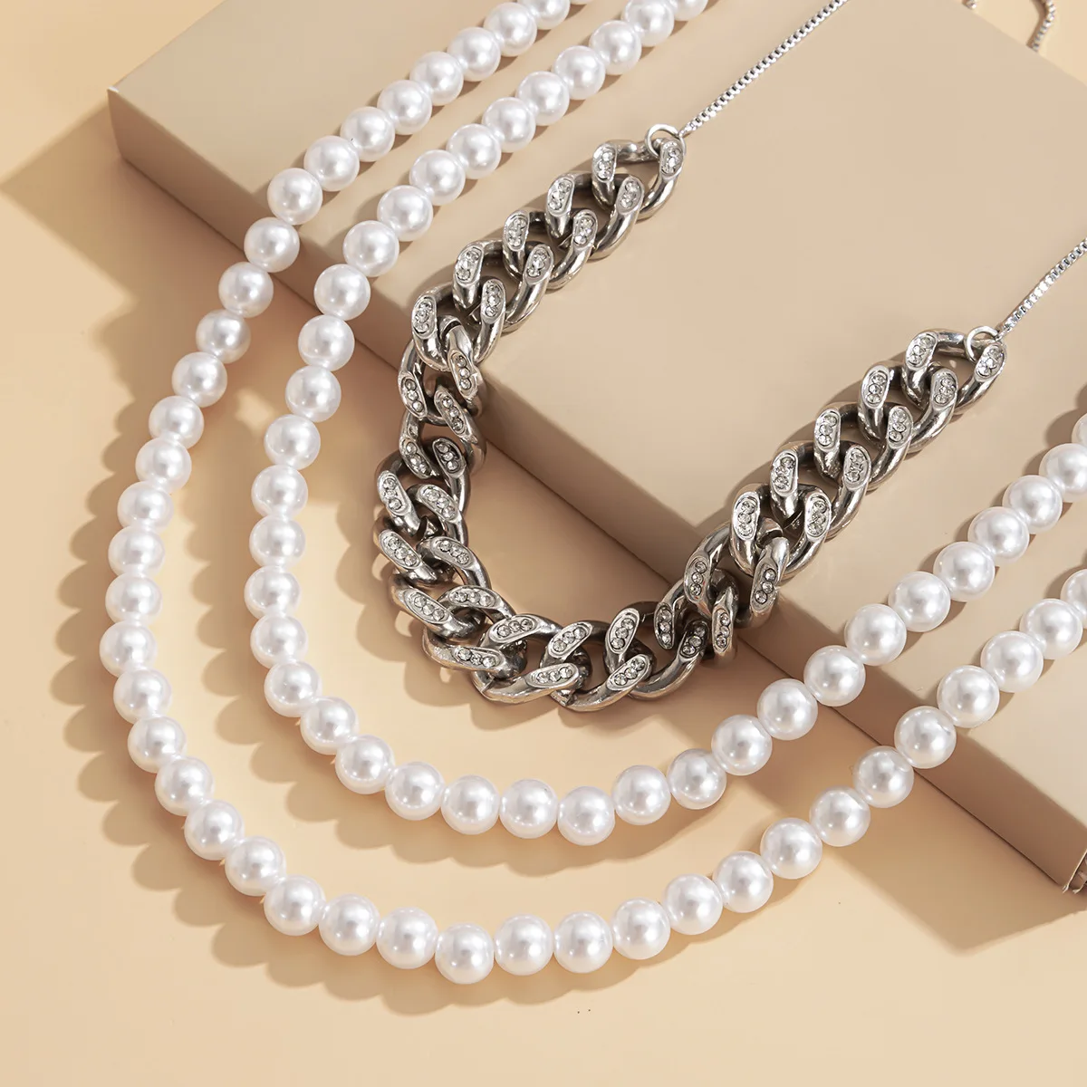 Faux Pearl Multi Layered Necklace Vintage Cuban Clasp Rhinestone Adjustable Versatile Daily Jewelry for Women Antique Silver