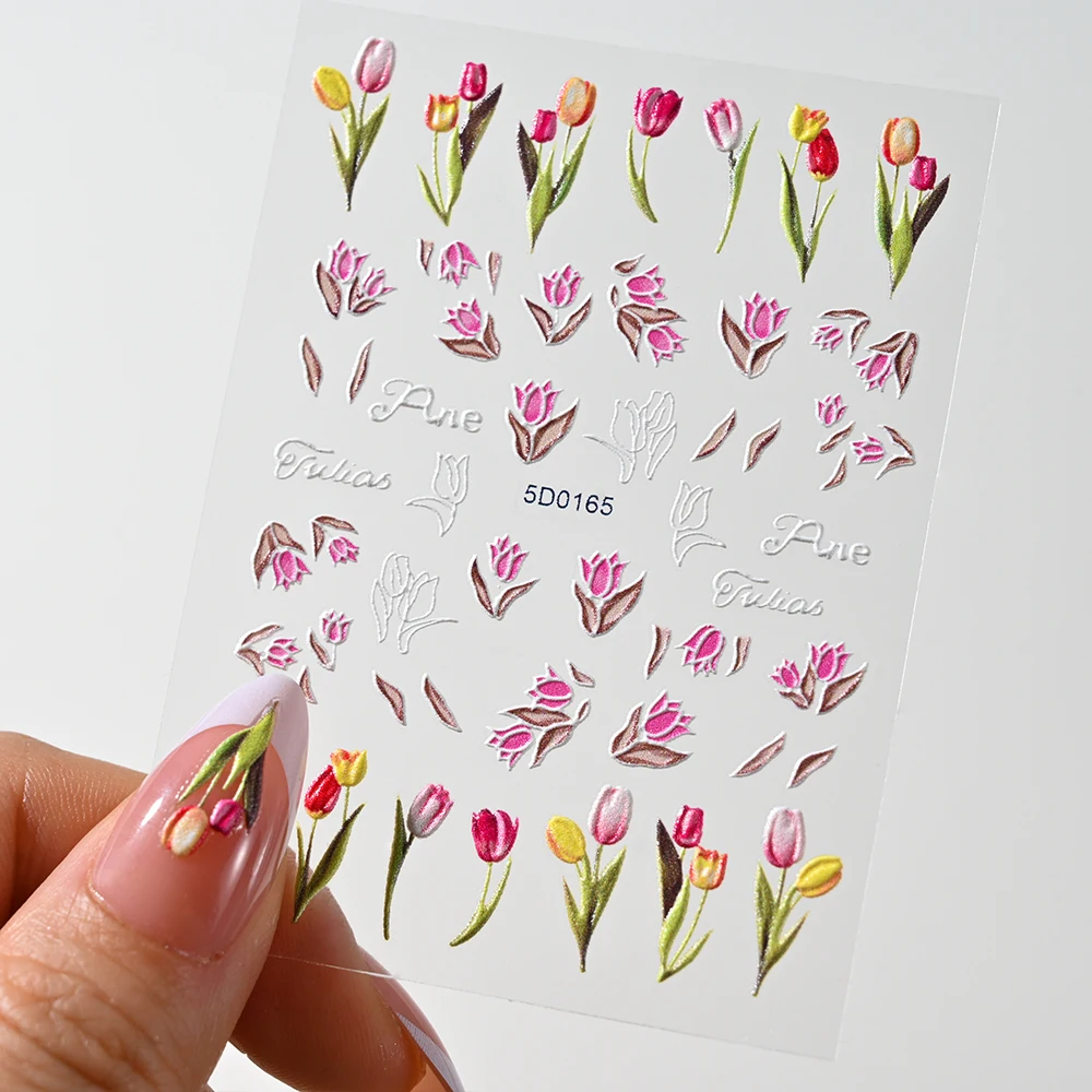 5D Embossed Charming Tulip Nail Art Stickers Self-Adhesive Colorful Tulip Daisy Butterfly Spring Summer Floral Nail Art Decals