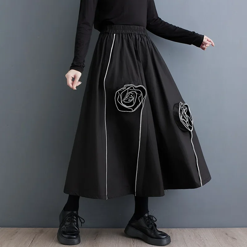 

Black Cotton Plus Size Vintage Floral High Waist Spring Summer Autumn Casual Loose Long for Woman Skirts Womens 2024 Skirt