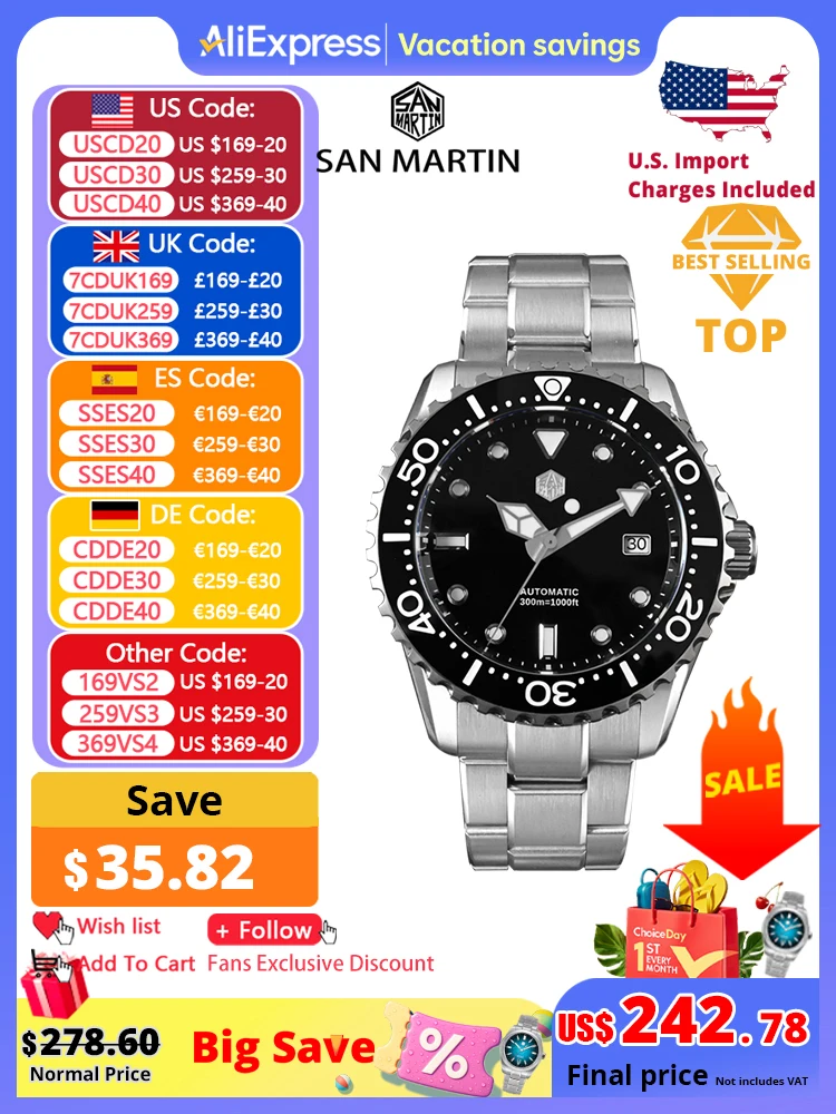 San Martin, новые роскошные мужские часы для дайвинга, 44 мм, классические, высокого качества, NH35, автоматические механические с сапфировым стеклом BGW-X1, 20 бар, Reloj SN0009