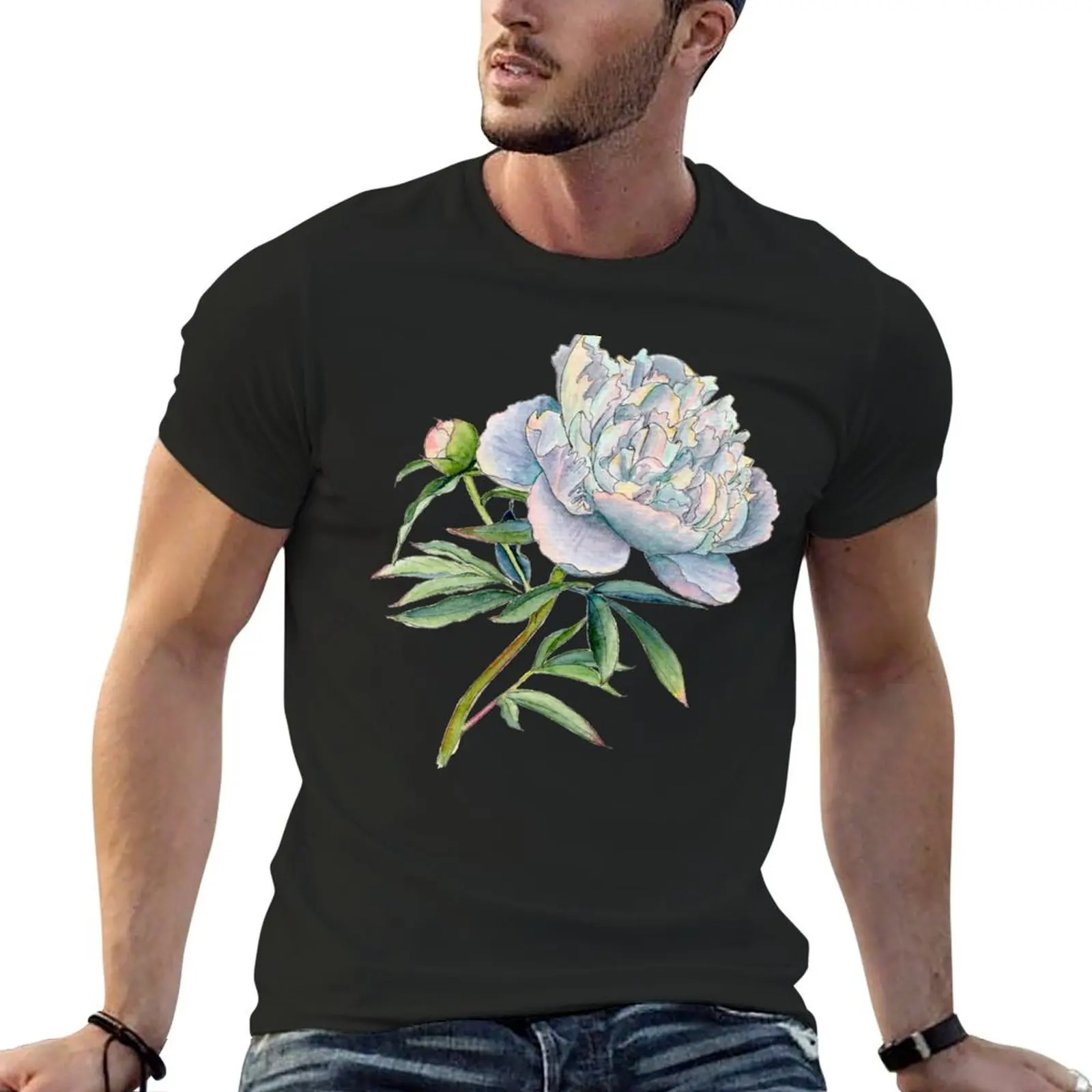 Peony in watercolor and ink by farrahdelle T-Shirt heavyweights oversized hippie clothes graphic tees for men