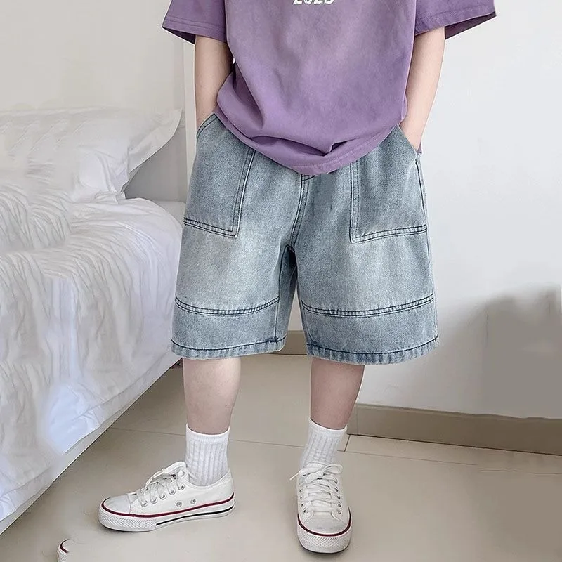 Boys' Loose Denim Shorts, Kids Casual Stitched Five-Point Pants for Summer