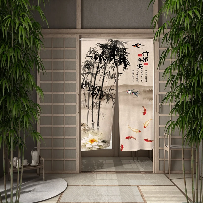 Chinese Traditional Bamboo Door Curtain Ink Painting Kitchen Dining Room Partition Curtains Drape Entrance Hanging Half-Curtain