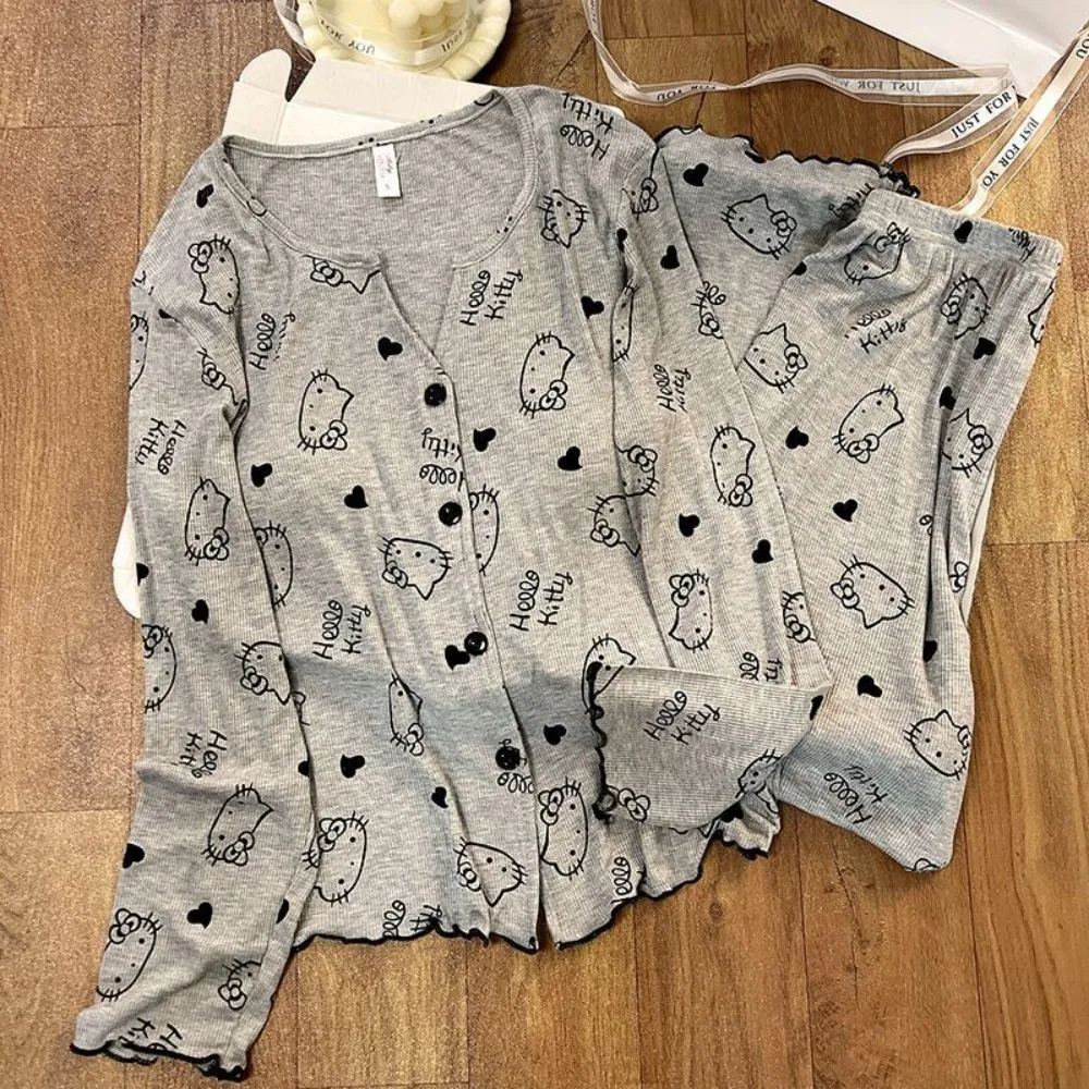 سانريو مرحبا كيتي بيجامة مجموعة أنيمي امرأة جديدة محبوك ملابس خاصة لينة ومريحة Homewear لطيف KT الطباعة بدلة على الموضة