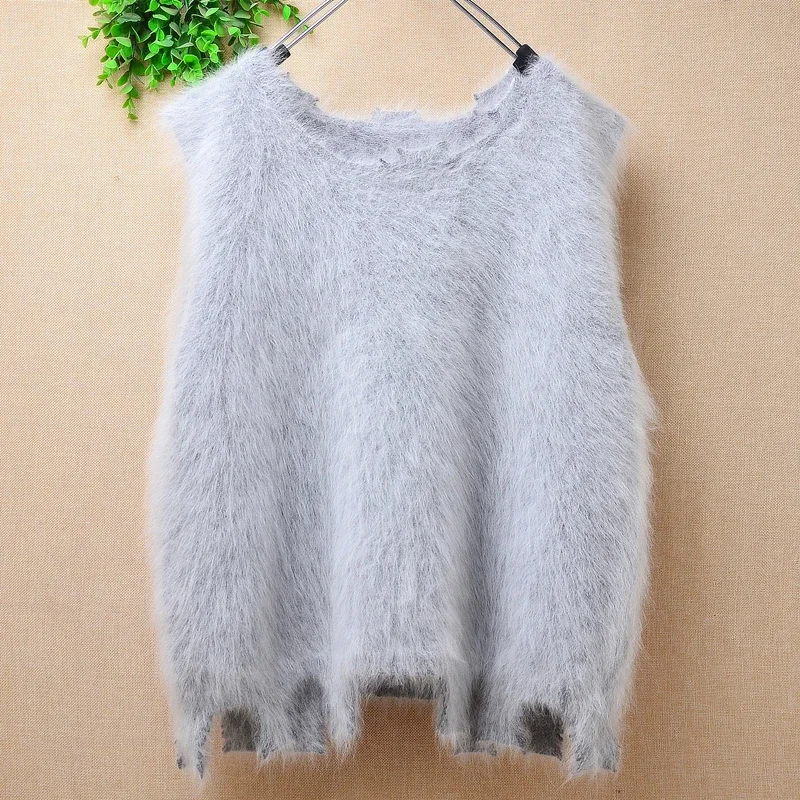 Fashion Ladies Women Spring Autumn Clothing Hairy Angora Rabbit Hair Knitted Sleeveless O-Neck Loose Pullover Sweater Vest Pull