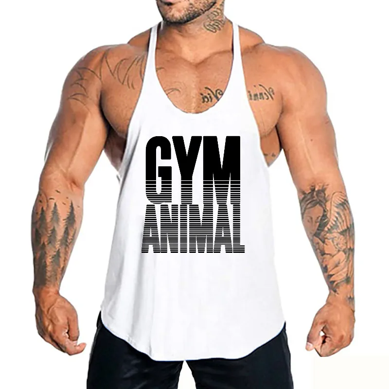 Men's Cotton Gym Animal Stringer Tank Tops Low Neck Curved Hem Running Vests Workout Bodybuilding Sports Sleeveless Shirts