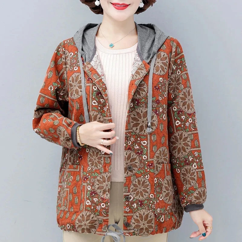 Middle-Aged Mother Jacket 2022 Spring Autumn New Style Hooded Leisure Fashion Printing Overcoat Loose Wild Female Short Outcoat