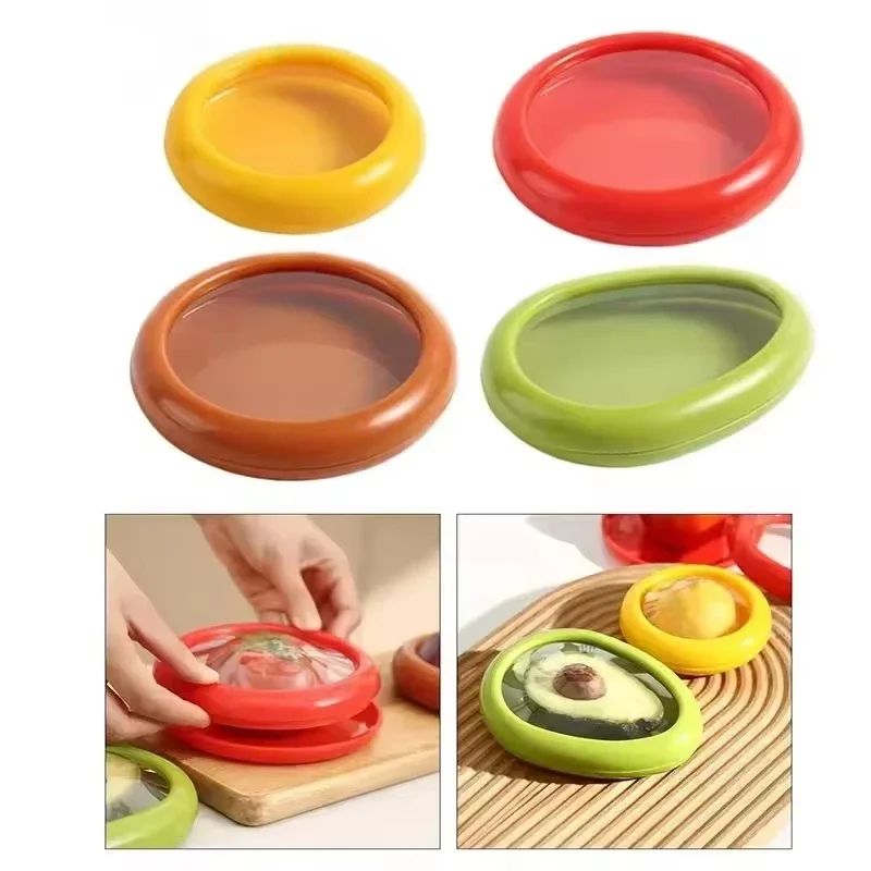 

4pcs Fruit Vegetable Airtight Fresh Storage Box Lemon Tomato Avocado Preservation Seal Cover Transparent Reusable Kitchen Tools