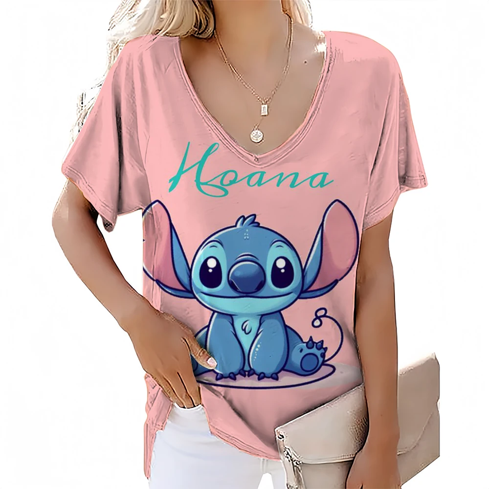 

2025: популярная женская футболка большого размера с коротким рукавом и v-образным вырезом, топ с принтом Disney Stitch, дизайн, новые летние футболки