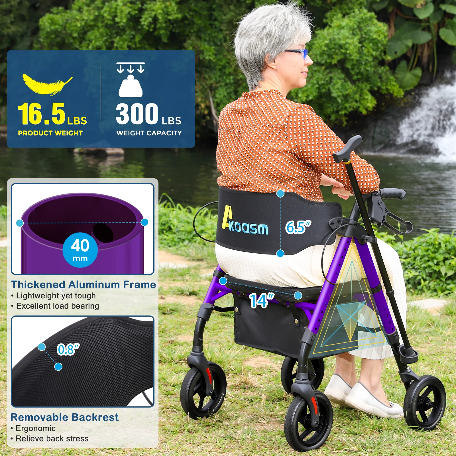 Leichte, faltbare Rollator-Wanderer für Erwachsene mit verstellbarem Sitz und Bremsen, 300 Pfund Kapazität, 8-Zoll-Großrollenräder für jedes Gelände