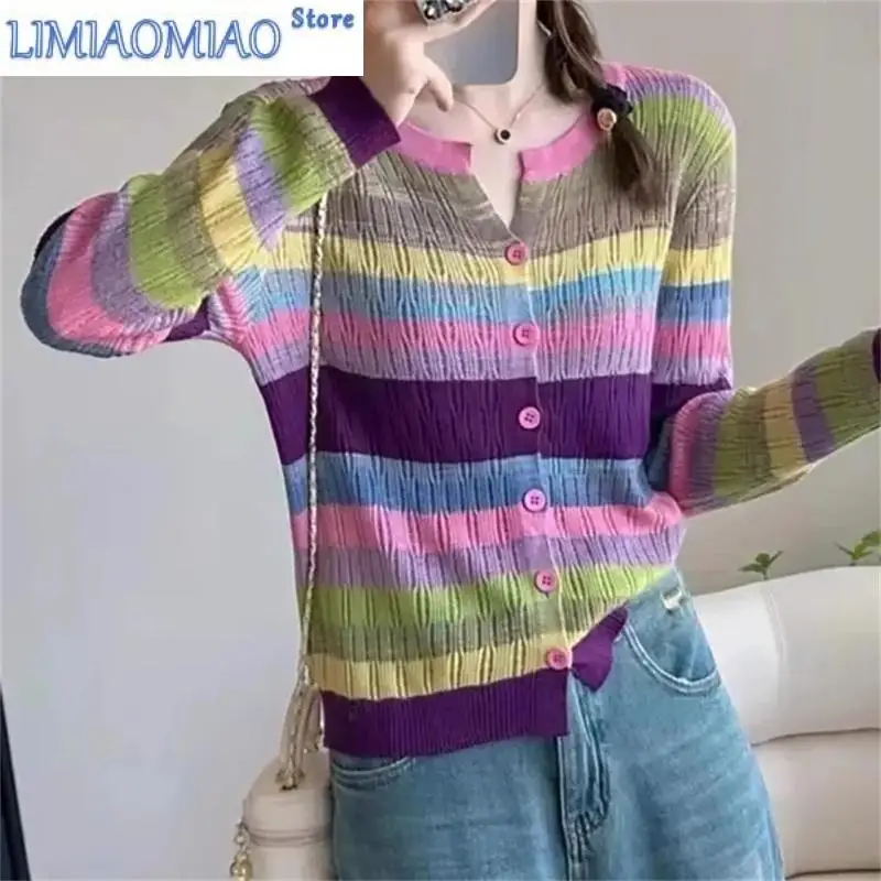 

New Autumn Oversized Women's Design Sensation Small Group Hollow Out Round Neck Rainbow Spliced Stripe Knitting Sweater Top