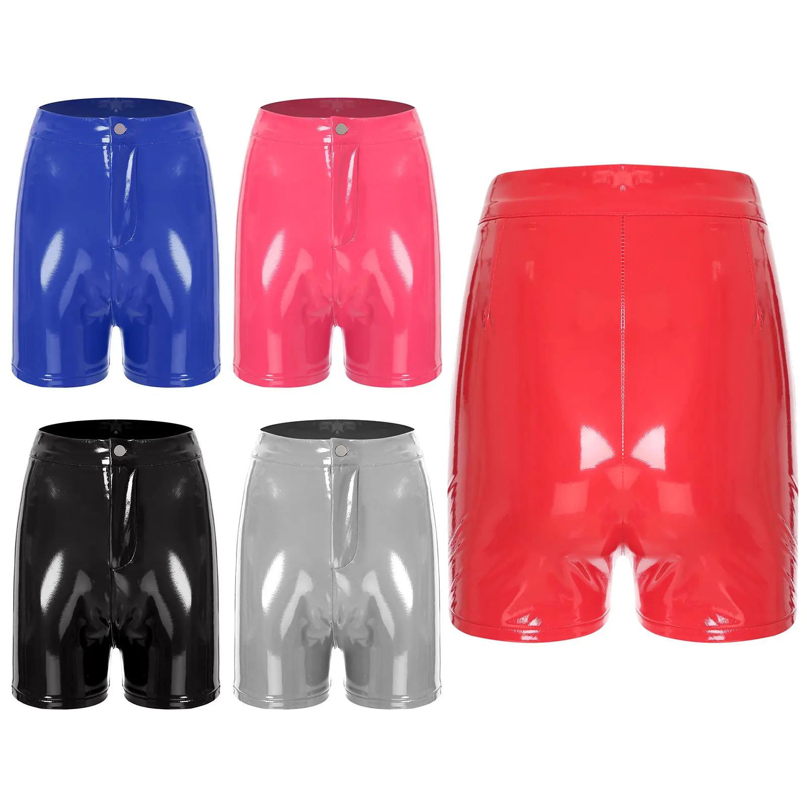 Sissy Women PU Leather Shorts Summer Party Club Bar Play Shorts Cool High Waist Straight Button Smooth Glossy Micro Hot Shorts