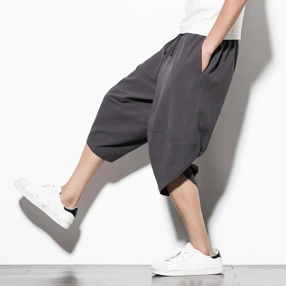 

Cropped Pants Solid Color Loose-fitting Breathable Extra Soft Sweat Absorption Dress-up Polyester Men Drawstring Baggy Pants