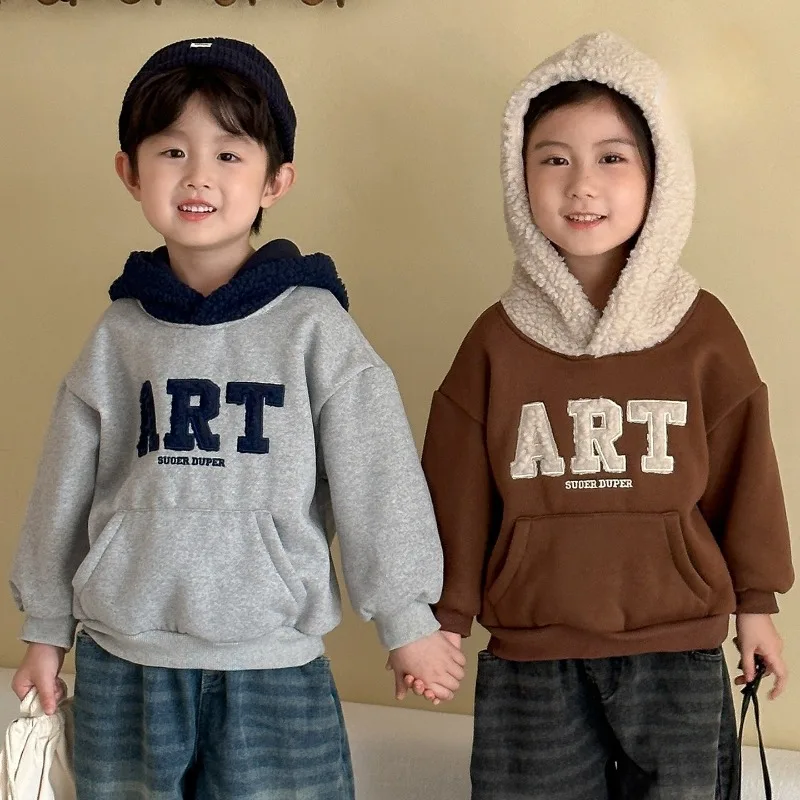

Winter Kids Hoodie Fleece Lining Thicken Boys Splice Hooded Pullover Childrens Loose Warm Sweatshirts Letters Girls Baby Tops