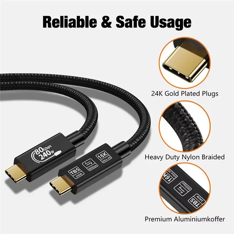 A13E- For Thunderbolt 5 Coaxial Cable USB4 Type C To Type C 80Gbps PD 240W 16K Fast Charging Cable For