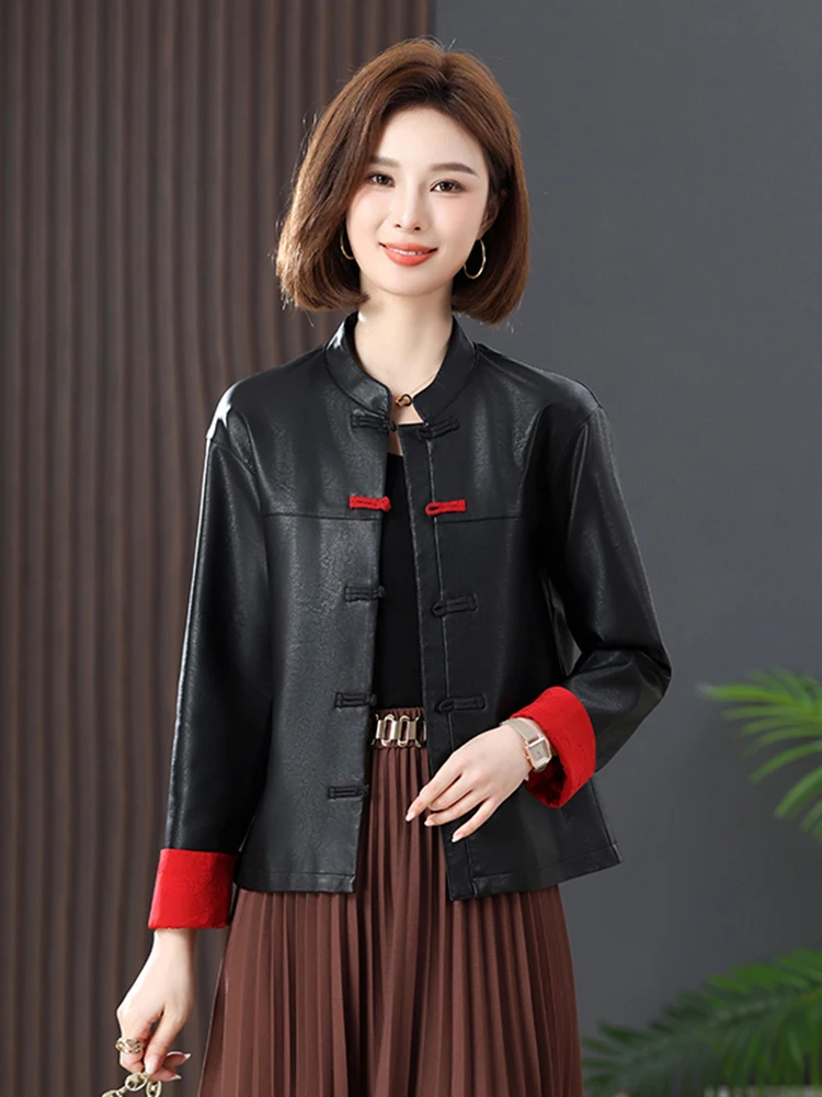  Ning Genuine Leather Jaet Women's ort Sle 2025 Spring Autumn New Chinese Sle National Sle Button Slimming Lea...