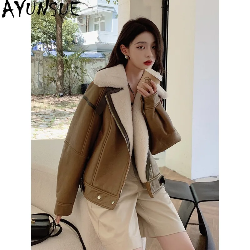 

AYUNSUE Merino Sheep Fur Coat Woman Leather&fur Jacket Motorcycle Style Outerwears Short Loose Tops for Woman Clothes 신상아우터