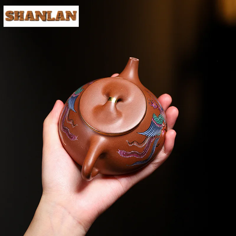 250ml Yixing Purple Clay Teapot Handmade Stone Scoop Gold Tracing Phoenix Pot Raw Ore Purple Mud Kettle With Filter Zisha Teaset