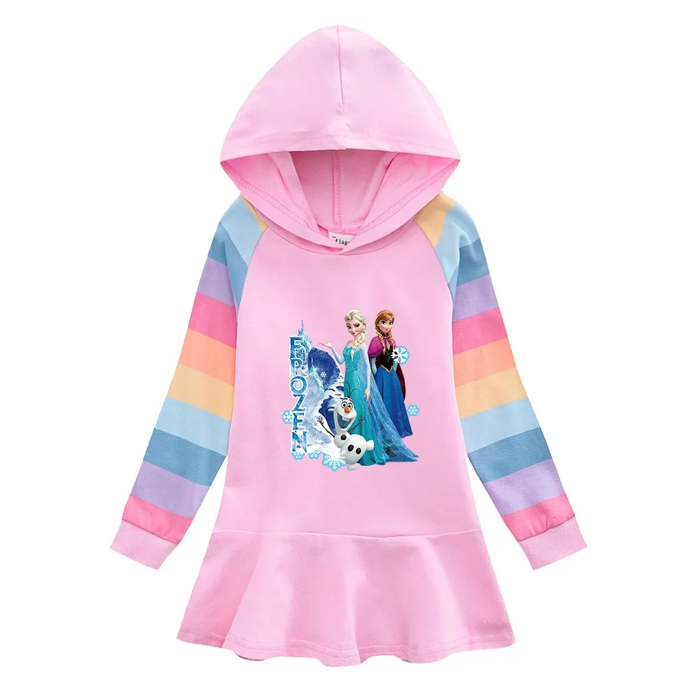 Quality Cotton Disney Girls Dress Frozen Elsa Anna Autumn Bluey Clothing for Children Long Sleeve Kids Clothes Hooded Rainbow