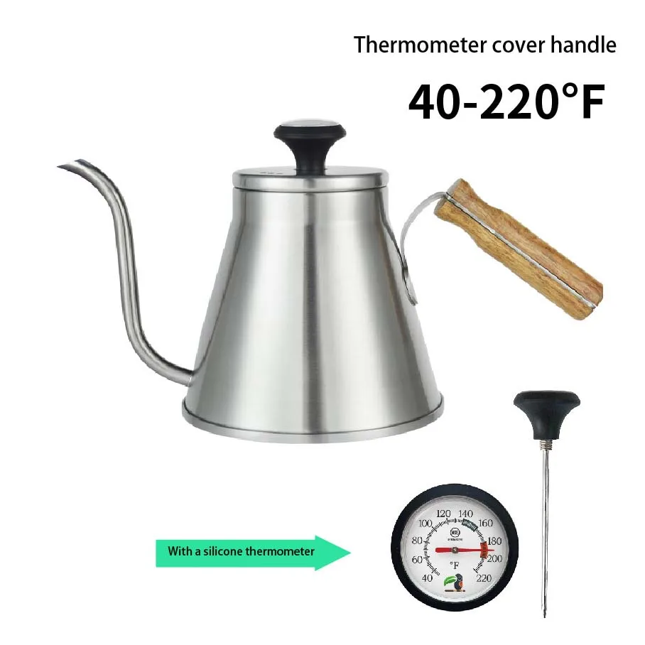 304 Stainless Steel Hand Brewing Kettle for Camping with Long Narrow Mouth Thermometer Anti-Scalding Wooden Handle Coffee Pot