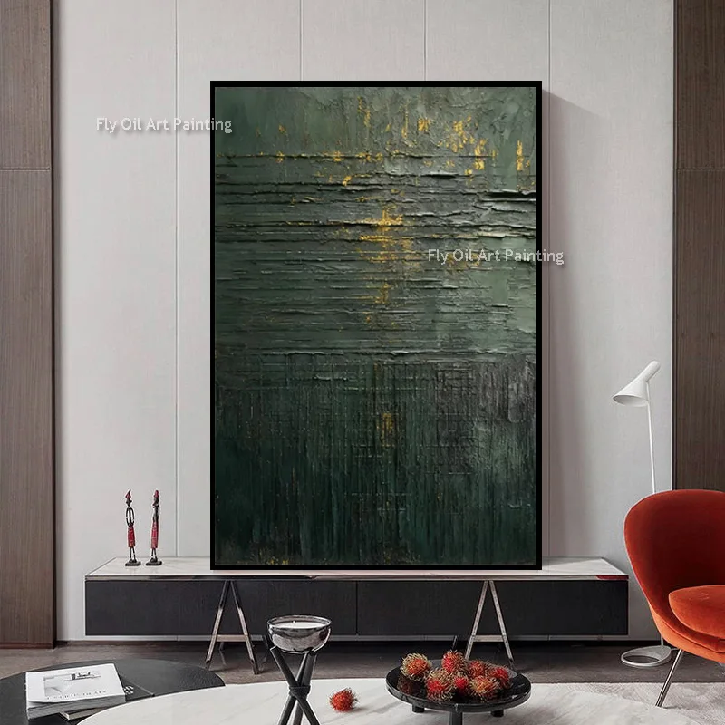 Dark Green Black Texture Thick Abstract Canvas Artwork Popular Design Green Brown Simple Oil Painting For Home Wall Decor As Gif