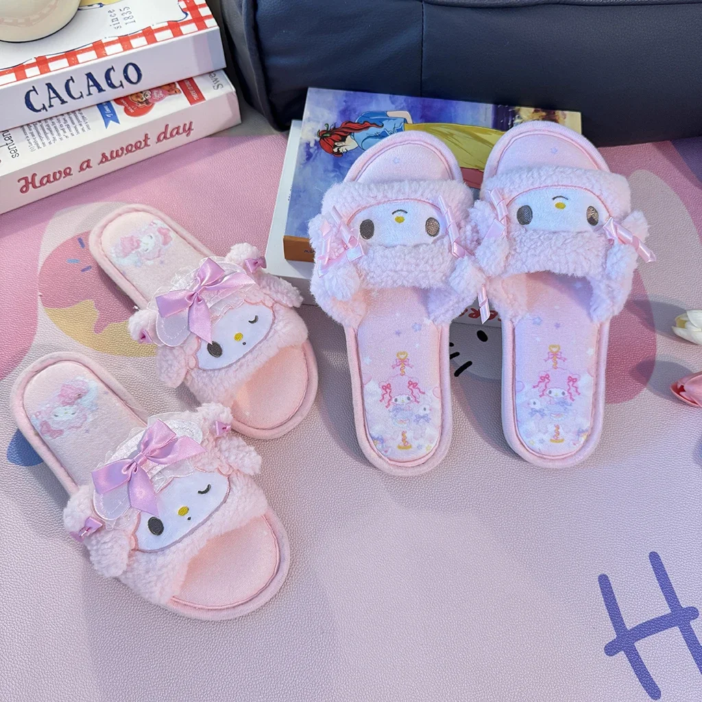 Cartoon My Melody Slippers Women My Sweet Piano Indoor Kawaii Warm Plush Home Slippers Girl Open-Toe Flat Heel Non-slip