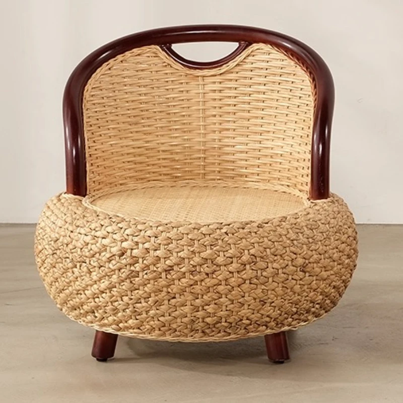 

Rattan Weave round Accent Chair Comfort Floor Seat with Backrest Cozy Pouf Ottoman for Balcony Living Room