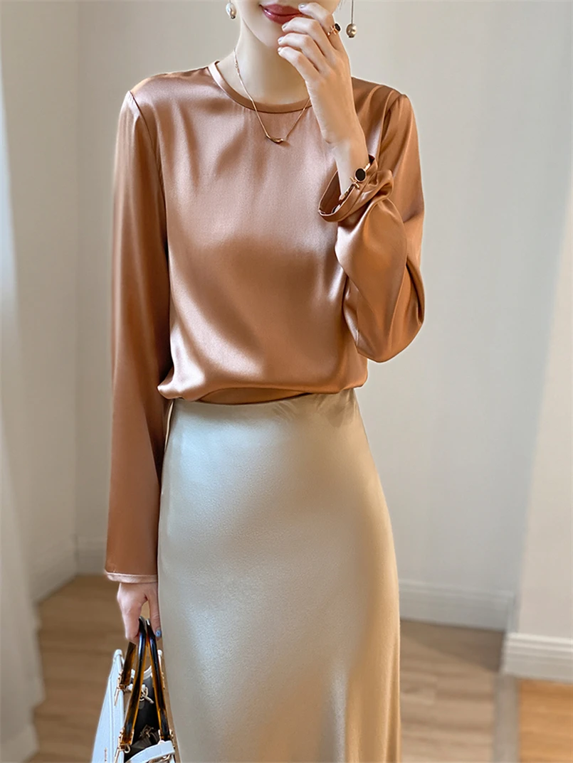 Long Sleeve O-Neck Leisure Shirt Tops Women\'s Solid Satin Elegant Temperament Blouses Spring Autumn Vintage Simple Tops Camisas