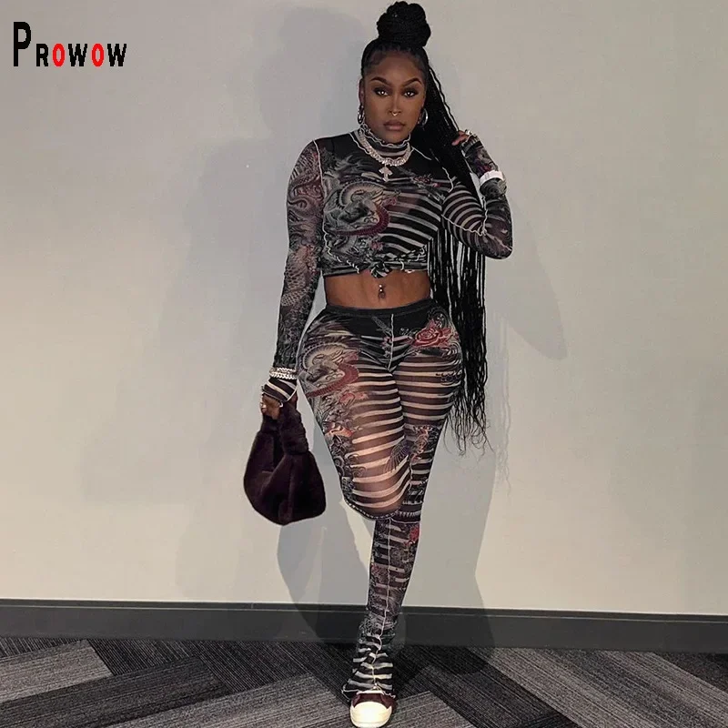 Prowow Fashion 3D Print Women Clothing Set Sheer Mesh Sexy Female Party Nightclub Wear Long Sleeve Shirts High Waist Pant Suits