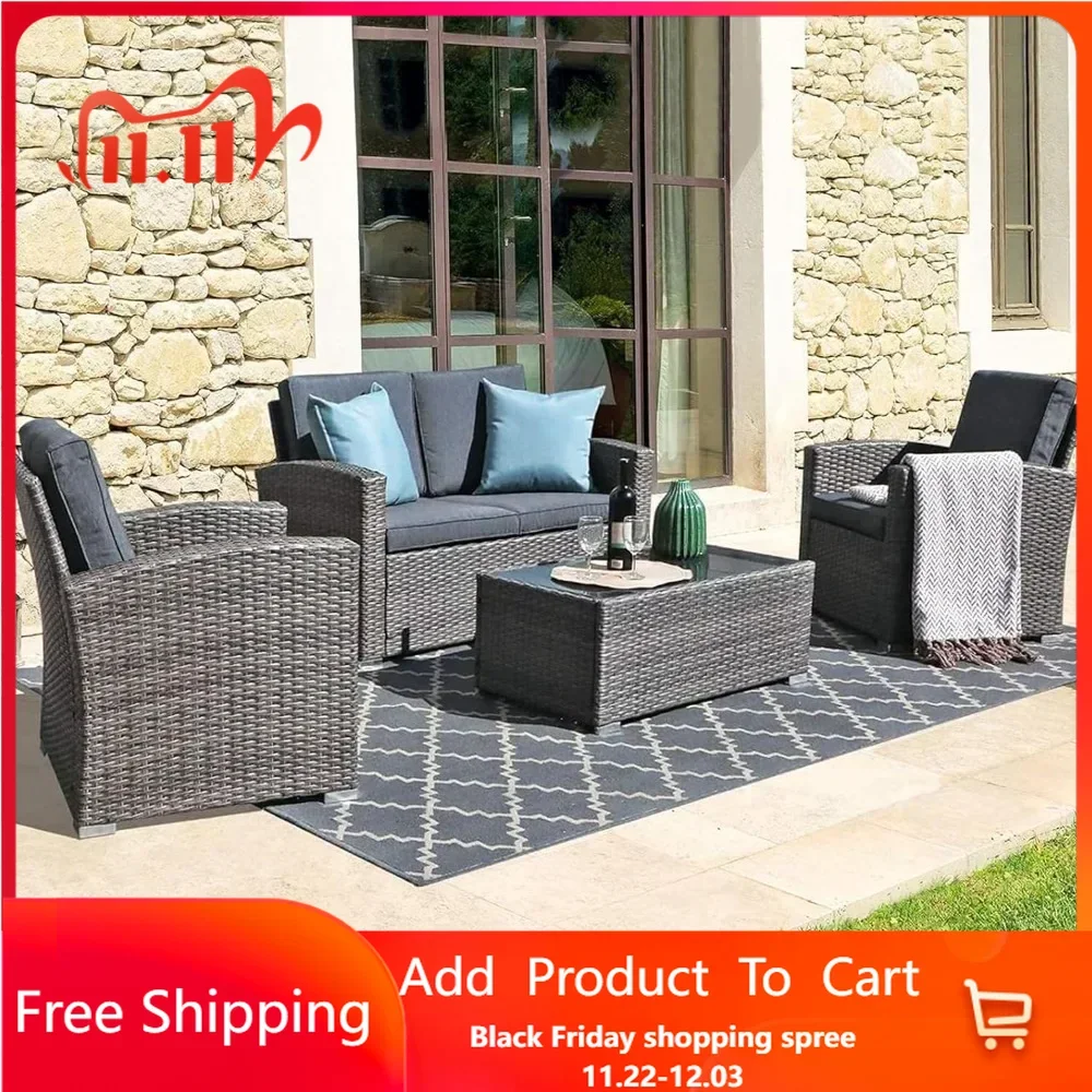 Patio Furniture Set, All-Weather Outdoor U-Shaped Patio Conversation Set, PE Rattan Wicker Small Sectional Patio  Sofa Set