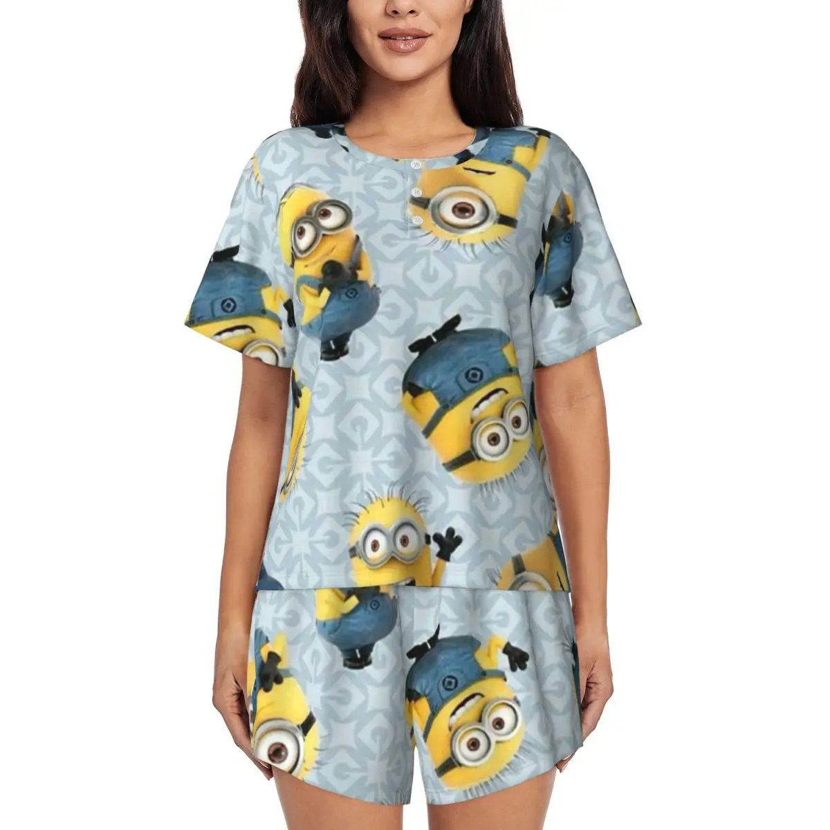 Custom Cartoon Animation Minions Pajamas Set Womens Short Sleeve Sleepwear Loungewear 2 Piece Pjs