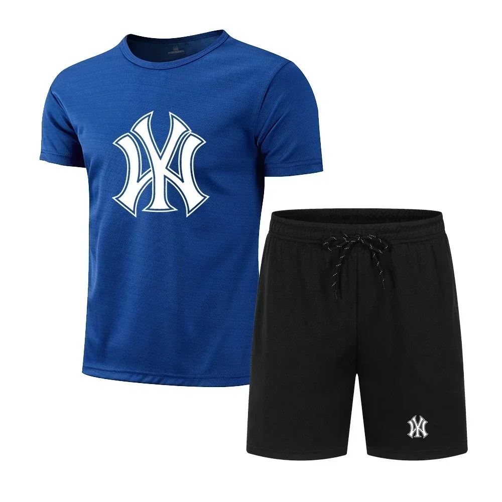 

2024Summer trendy men's round neck printed T-shirt + shorts two-piece short-sleeved sportswear quick-drying jogging fitness wear