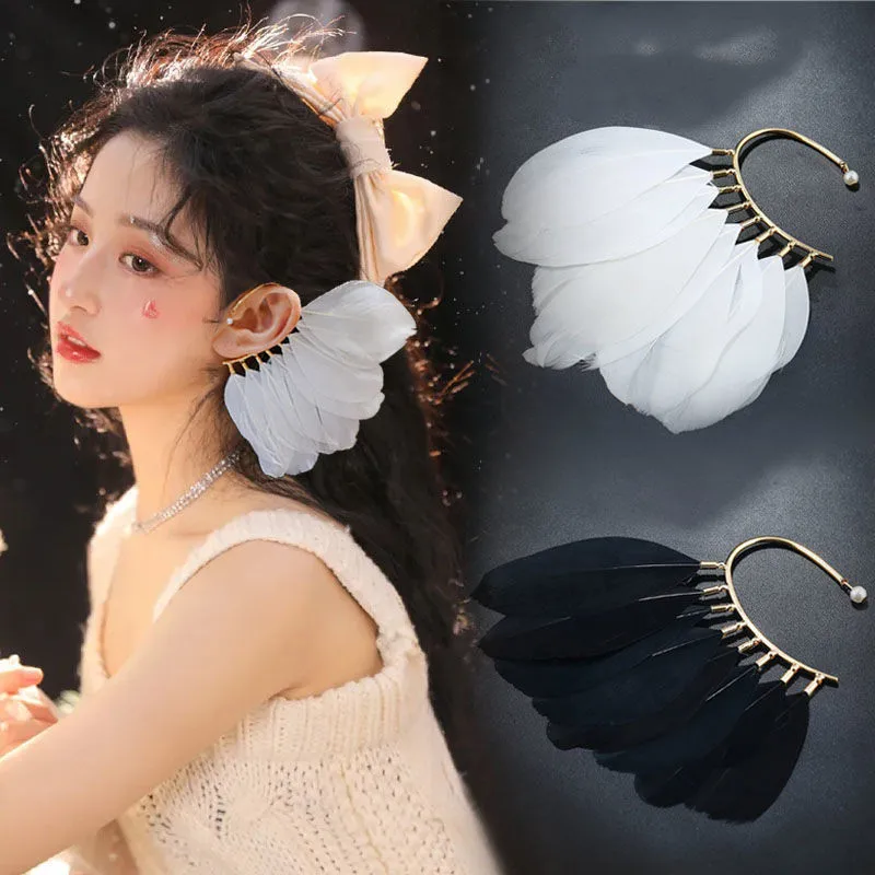 Unique White Black Feather Ear Cuff Clip Earrings For Women Earless Hang Without Piercing Crawlers Ear Cuff Fashion Jewelry