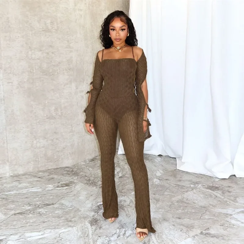 Chic And Stunning Long-sleeve Backless Semi-sheer Tie-waist Flared Pants Jumpsuit