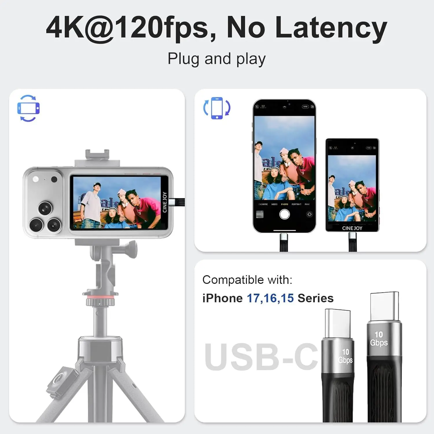 CineJoy M2 Selfie Monitor Screen No Latency 4K 120fps Camera Monitor for iPhone 17 16 15 with Mic Port for Vlog Tiktok