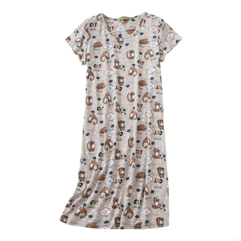 L38E Sexy Pyjamas Night Dress for Women Short Sleeve Printed Nightgown Loose Dress